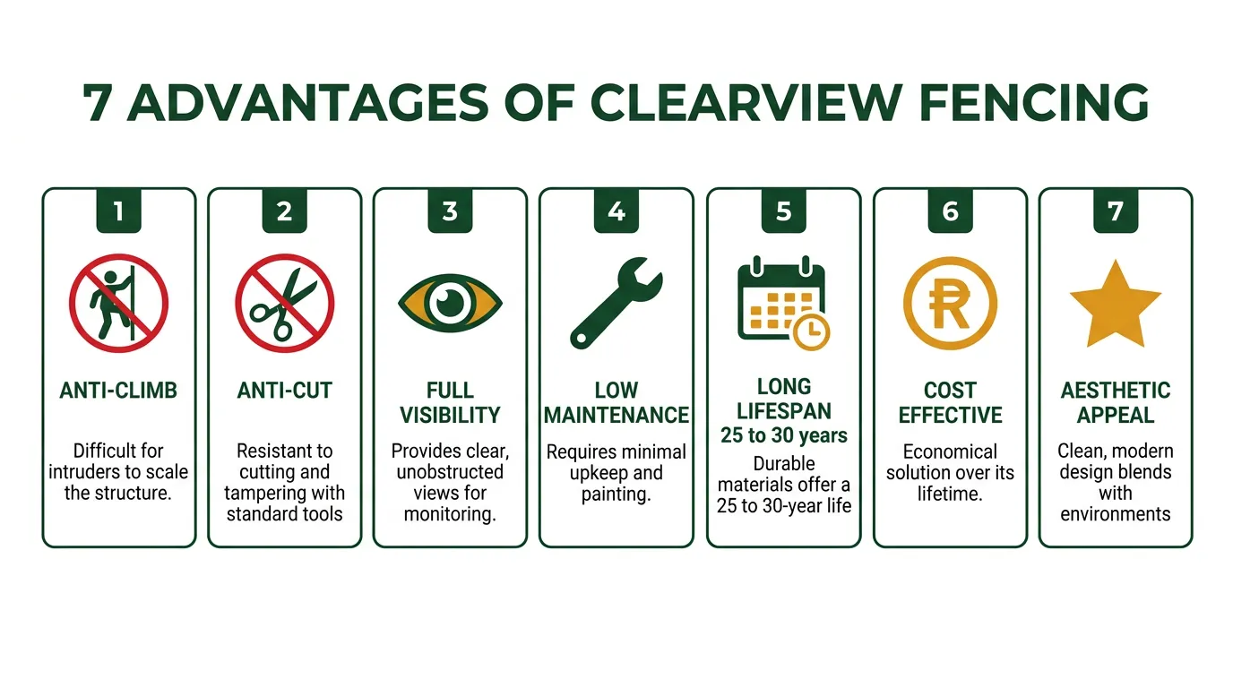 7 advantages of clearview fencing infographic: anti-climb, anti-cut, full visibility, low maintenance, long lifespan, cost effective, aesthetic appeal