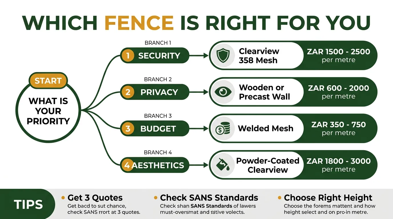 Which fence is right for you? Decision flowchart infographic for South African property owners comparing security, privacy, budget and aesthetic priorities