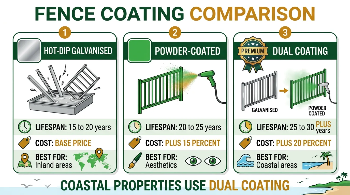 Fence coating comparison infographic showing hot-dip galvanised vs powder-coated vs dual coating with lifespan and cost data