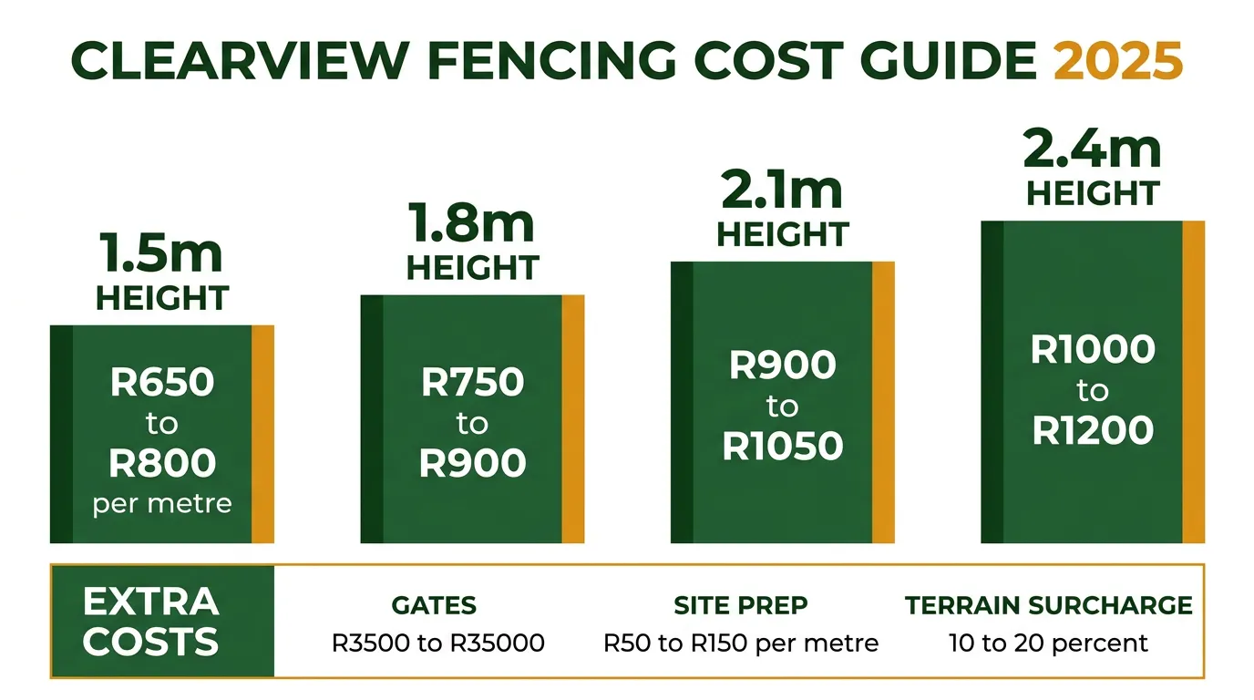 Clearview fencing cost guide 2025 infographic showing price ranges per metre for different fence heights in South African Rand