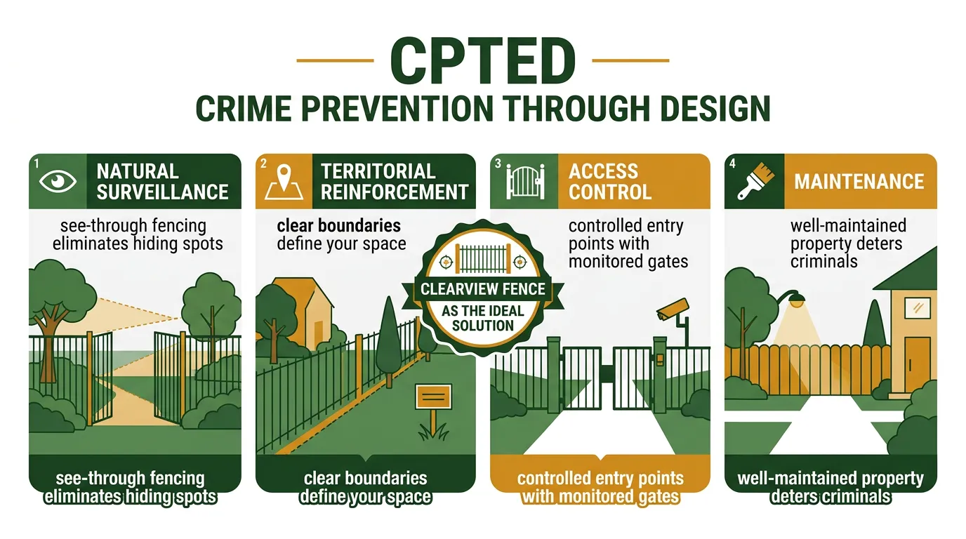 CPTED crime prevention through design infographic showing four principles: natural surveillance, territorial reinforcement, access control, and maintenance