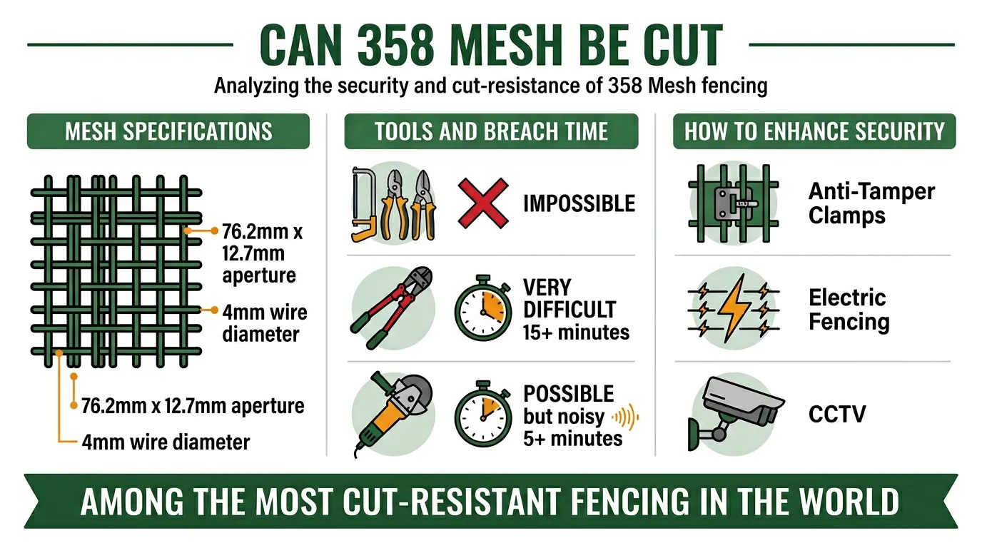 Can 358 mesh be cut? Security analysis infographic showing tool types, breach times, and enhancement options