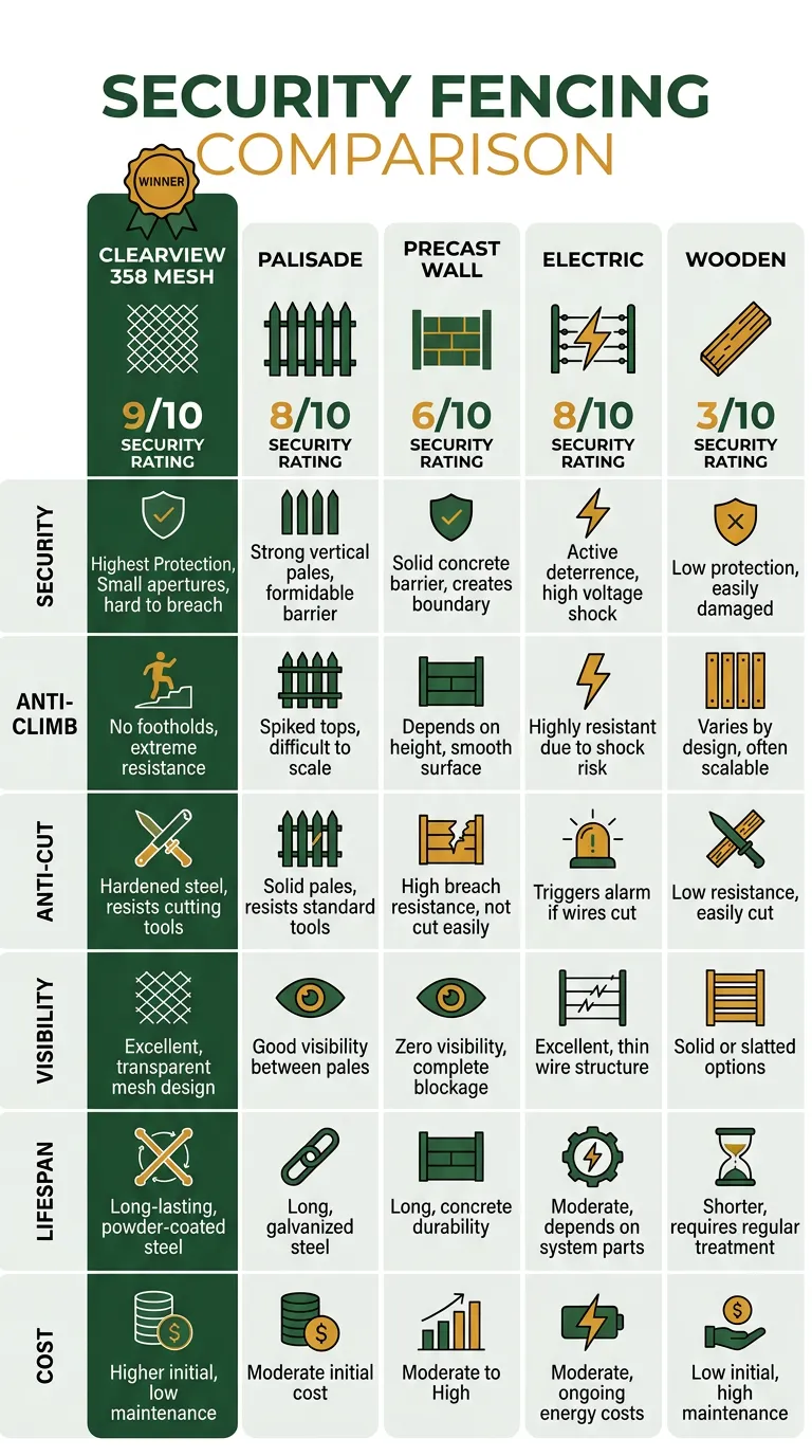 Security fencing comparison infographic comparing clearview, palisade, precast wall, electric and wooden fencing across security, cost and lifespan
