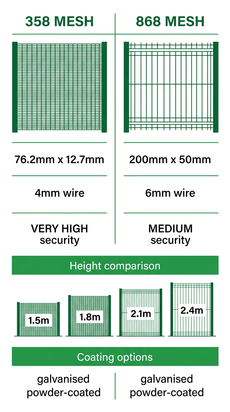 Infographic comparing 358 mesh and 868 mesh fencing specifications including aperture size, wire diameter, security level, and height options