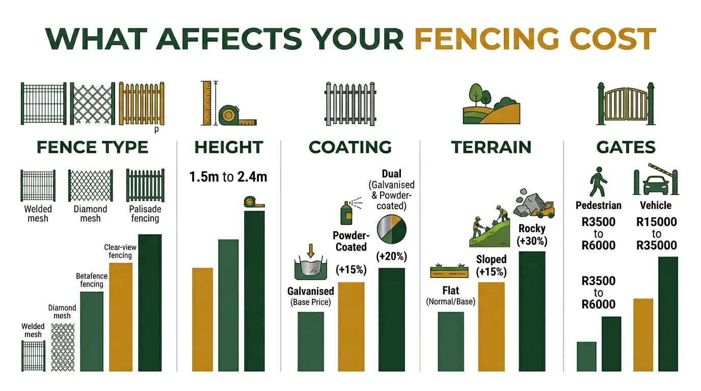 Infographic showing the factors that affect fencing costs: fence type, height, coating, terrain, and gates with South African pricing