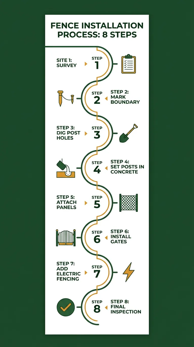 Infographic showing the 8 steps of professional fence installation: site survey, mark boundary, dig post holes, set posts in concrete, attach panels, install gates, add electric fencing, and final inspection