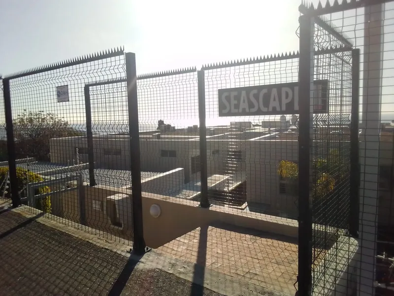 Clearview double gate installed between concrete pillars